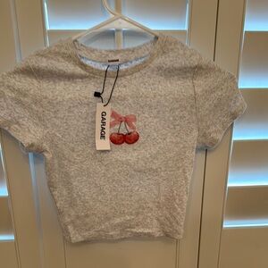 Garage Heather Gray Tee with Coquette Red and Pink Cherry Embroidery